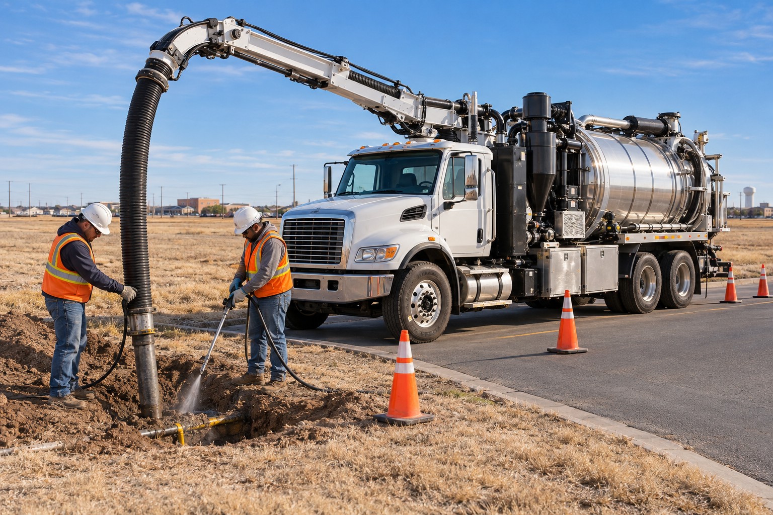 Illustration of a hydrovac truck and crew exposing an underground utility
