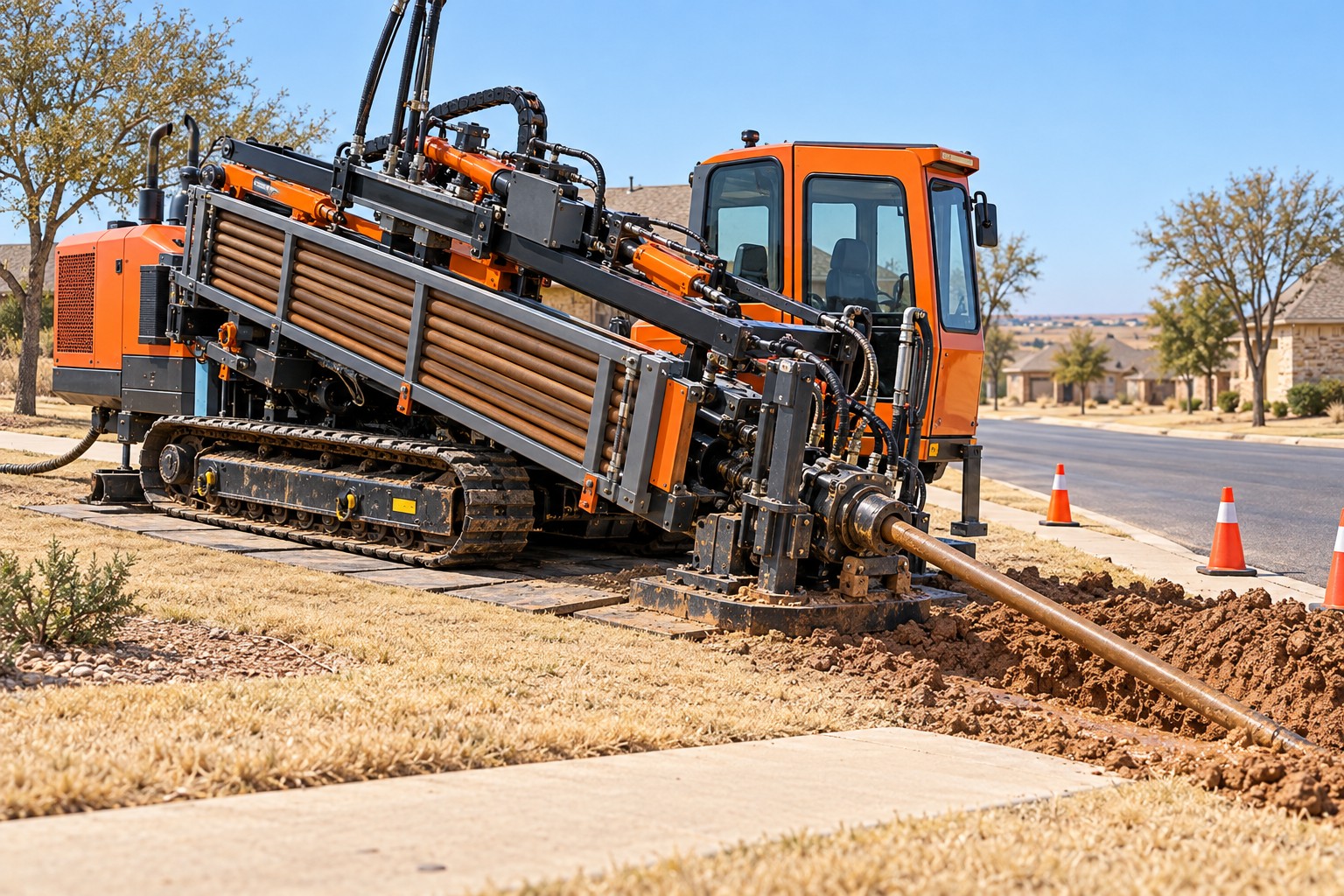 Horizontal directional drilling machine at a utility work site