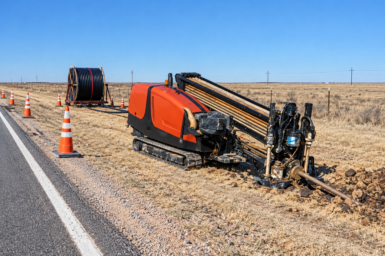 Directional boring equipment operating beside a road